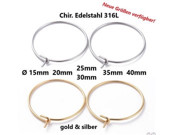 Wine glass rings SURGICAL STAINLESS STEEL 15 - 40 mm hoop earrings / stainless steel (silver) & gold-colored / med. quality / 21 gauge
