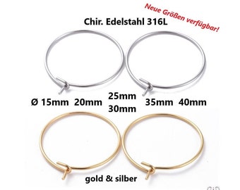 Weinglas Ringe CHIRURGISCHER EDELSTAHL 15 - 40 mm Creolen Hoop Ohrringe / Edelstahl (Silber) & Goldfarben / med. Qualität/ 21 Gauge