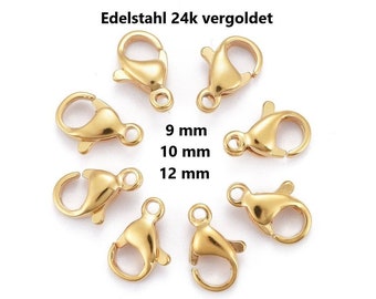 Stainless steel carabiner, 24k gold-plated, 9, 10, 12 mm clasps // Pack sizes of 10/20/50 // Lobster clasps, stainless steel, gold-plated, 24 karat