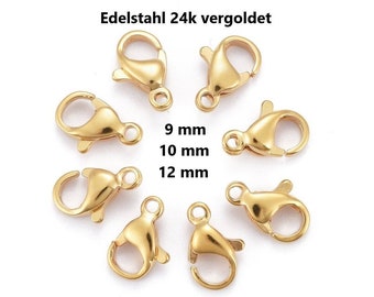 Karabiner EDELSTAHL 24k VERGOLDET 9, 10, 12mm Verschlüsse // 10/20/50x Packungsgröße // lobster clasps stainless steel gold golden 24 karat