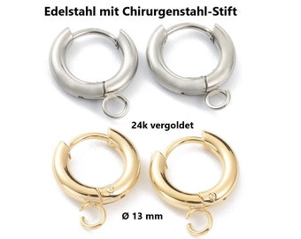 Huggie Creolen EDELSTAHL hypoallergen Chirurgenstahl Stift 316L & 24k Vergoldung / Mit Öse 2,5 mm /  13mm // 2/ 10x Packungsgröße