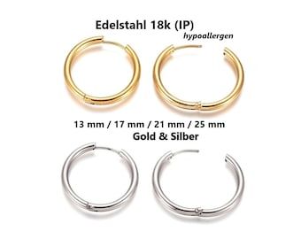 Puede incluir: Aretes de aro dorados y plateados en varios tamaños: 13 mm, 17 mm, 21 mm y 25 mm. Hechos de acero inoxidable chapado en oro de 18 quilates hipoalergénico.