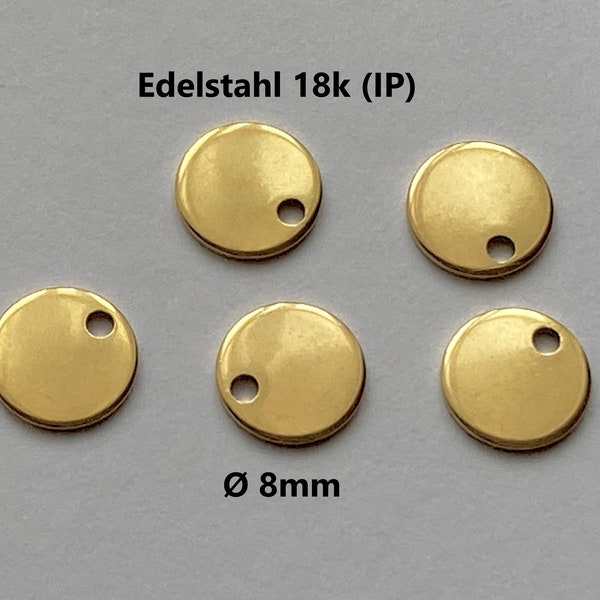 Pendant STAINLESS STEEL 18k gold plated (IP) ion plated flat-round // 8 mm x 0.8 mm // 4/ 10/ 50x pack size