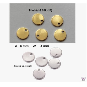 Ciondolo ACCIAIO INOSSIDABILE placcato oro 18k (IP) piatto rotondo con placcatura ionica e puro acciaio inossidabile // 8 mm x 0,8 mm / 4 mm x 0,5 mm // molte confezioni