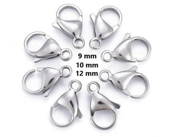 May include: Eight silver-toned lobster clasps in three sizes: 9 mm, 10 mm, and 12 mm. The clasps are arranged in a circle on a white background.