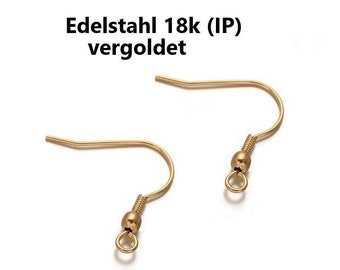 Ohrhaken EDELSTAHL 18k vergoldet (IP) Ionenplattiert mit Perle 20x21 mm  // 10/ 20/ 50x Packungsgröße // earring hooks ion plated