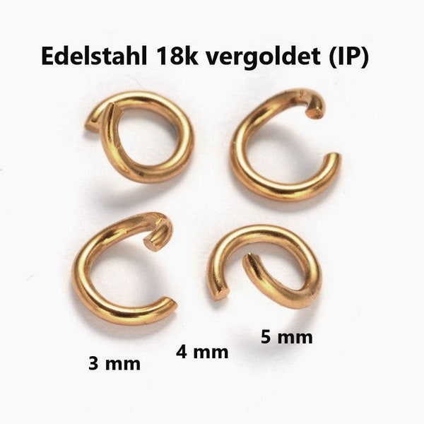 Biegeringe EDELSTAHL Ø 3, 4, 5 mm 18k Gold Ionenplattierung (IP) // 20/ 50x Packungsgröße / gold golden open jump rings stainless steel