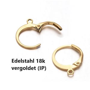 May include: Two gold-plated stainless steel earring hooks. The hooks are open and ready to be attached to earrings. The text "Edelstahl 18k vergoldet (IP)" is visible in the image.