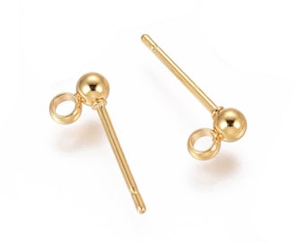 Pendientes de botón con bola, acero inoxidable chapado en oro de 18 quilates, con bola de 3 mm // Pendientes de botón // Tamaños de paquete: 2/ 10/ 20/ 50 unidades // Sin cierres // Pendientes de bola