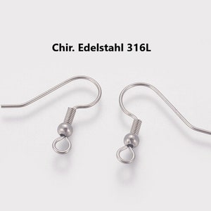 May include: Two silver surgical steel earring hooks with spring-loaded closures. The hooks are made of 316L stainless steel, which is hypoallergenic and durable.  Chir. Edelstahl 316L