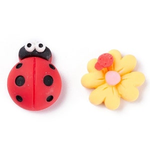 Set di cabochon COCCINELLA e FIORE ca. 14 x 11 mm in resina / Fiore Coccinella Fortuna portafortuna