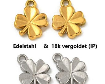 May include: Two sets of clover-shaped charms. The top set is gold-colored, and the bottom set is silver-colored. Each charm has a loop at the top for attaching to jewelry. The charms measure 9 x 9.5 mm.