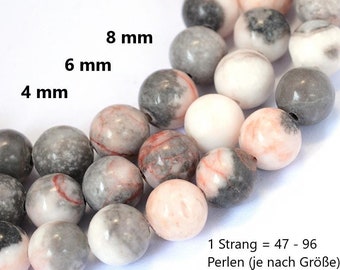 May include: A strand of round, white, gray, and pink marbled beads. The beads are available in three sizes: 4 mm, 6 mm, and 8 mm. The text "1 Strang = 47 - 96 Perlen (je nach Größe)" is visible at the bottom of the image.