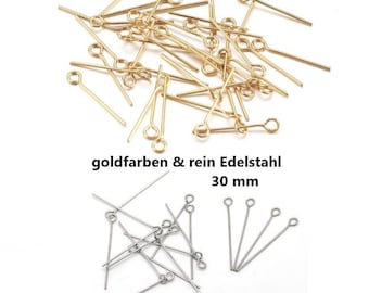 50x pasadores de ojo 30 mm ACERO INOXIDABLE / color dorado o acero inoxidable puro a elegir / pasadores de ojo dorados y plateados