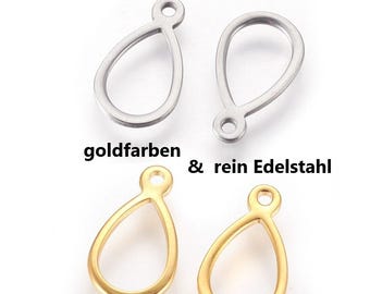 May include: Four teardrop-shaped jewelry charms, two silver and two gold-colored. The charms are 12 x 7 mm in size. The text "goldfarben & rein Edelstahl" is printed on the image.