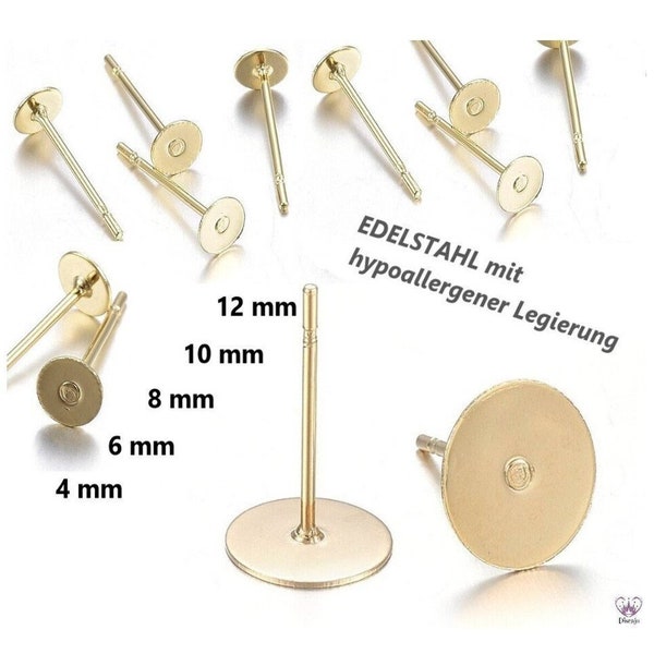 Ohrstecker EDELSTAHL HYPOALLERGEN  mit Platte 4, 6, 8, 10 und 12 mm  goldfarben // 20/ 30/ 50/ 100x Packungsgröße/ Klebeplatte