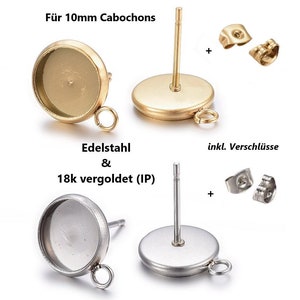 Peut inclure: Deux paires de supports de boucles d'oreilles pour cabochons de 10 mm. Une paire est en acier inoxydable plaqué or et l'autre en acier inoxydable. Chaque paire comprend des fermoirs de boucles d'oreilles.