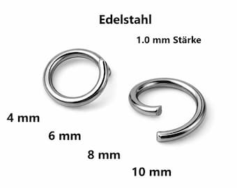 Biegeringe EDELSTAHL offen Ø 4/ 6/ 8/ 10mm mit 1mm Materialstärke 18 Gauge // 50/ 200x Packungsgröße // Binderinge Spaltringe offen