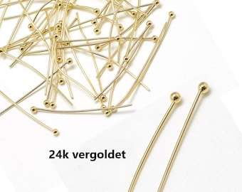 20x alfileres de cabeza 25 mm CHAPADO EN ORO 24k / acero inoxidable con oro de 24 quilates // alfileres de cabeza de bola dorados