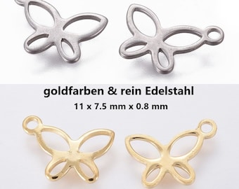 Puede incluir: Dos abalorios de mariposa de color dorado y dos de plata con un bucle en la parte superior. Los abalorios miden 11 x 7,5 mm x 0,8 mm.