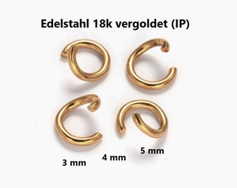 Biegeringe EDELSTAHL Ø 3, 4, 5 mm 18k Gold Ionenplattierung (IP) // 20/ 50x Packungsgröße / gold golden open jump rings stainless steel