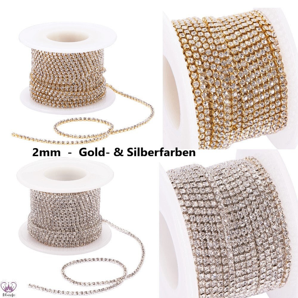 Glarks 1 rouleau de chaîne en strass de qualité supérieure - 2 mm x 9,1 m - Couleur blanche - Pour couture, artisanat, bijoux, fête, décoration de mariage (base argentée