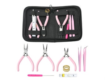 XXL TOOL SET Jewelry Making Pink Edition / pinces à becs plats et ronds, pinces coupantes, 2 pinces à épiler, poinçon, bague, mètre ruban, sac