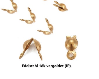 STAINLESS STEEL crimp caps 8 x 4 mm with 18k gold ion plating / Hinged cap cap end cap / Clamshell gold