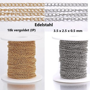 Pode incluir: Dois carretéis de corrente, um dourado e um prateado. A corrente dourada é folheada a ouro 18 quilates e a corrente prateada é de aço inoxidável. Ambas as correntes medem 3,5 mm x 2,5 mm x 0,5 mm.
