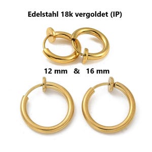 Peut inclure: Boucles d'oreilles créoles à clipser en acier inoxydable plaqué or. L'image montre deux paires de boucles d'oreilles, une paire de 12 mm et l'autre de 16 mm de diamètre. Le texte "Edelstahl 18k vergoldet (IP)" est en haut.