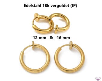 Puede incluir: Pendientes de aro dorados de acero inoxidable con clip. La imagen muestra dos pares de pendientes, uno de 12 mm y otro de 16 mm de diámetro. El texto "Edelstahl 18k vergoldet (IP)" está en la parte superior.