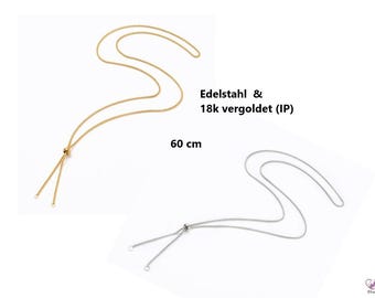 Slider necklace STAINLESS STEEL 18k (IP) ion-plated & pure stainless steel / 60 cm / slider bolo necklace adjustable box chain //