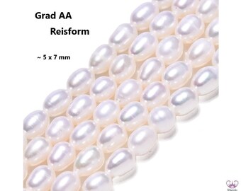 Perlas cultivadas de agua dulce de grado AA ~ 7 x 5 mm / forma de grano de arroz / color blanco marfil cremoso / 1 hebra ~ 55 piezas / superficie lisa de perla natural de agua dulce