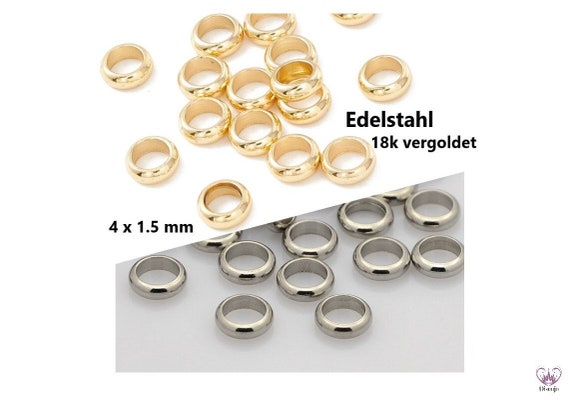 EDELSTAHL Distanzperlen 18k VERGOLDET 4 x 1.5 mm // 20/ 50/ 100x Packungsgröße // flachrunde Perlen Abstandsperlen Zwischenperlen golden