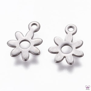 Peut inclure: Deux breloques en métal argenté en forme de fleur avec une boucle en haut. Les breloques en forme de fleur ont un centre circulaire et huit pétales.