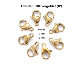 EDELSTAHL mit 18k Gold (IP) Ionenplattierung 10mm & 12 mm zur Wahl Karabiner Verschlüsse//10/ 20/ 100x Packungsgröße// lobster clasps golden
