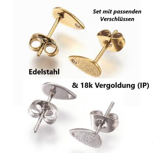 Druppelvormige oorknopjes van roestvrij staal met 18-karaats goudionenplating (IP) of van puur roestvrij staal, 8 x 5 mm, inclusief vlindersluiting.