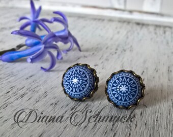 Navy blue Earrings, studs, Mosaic, earrings, gift, boho style