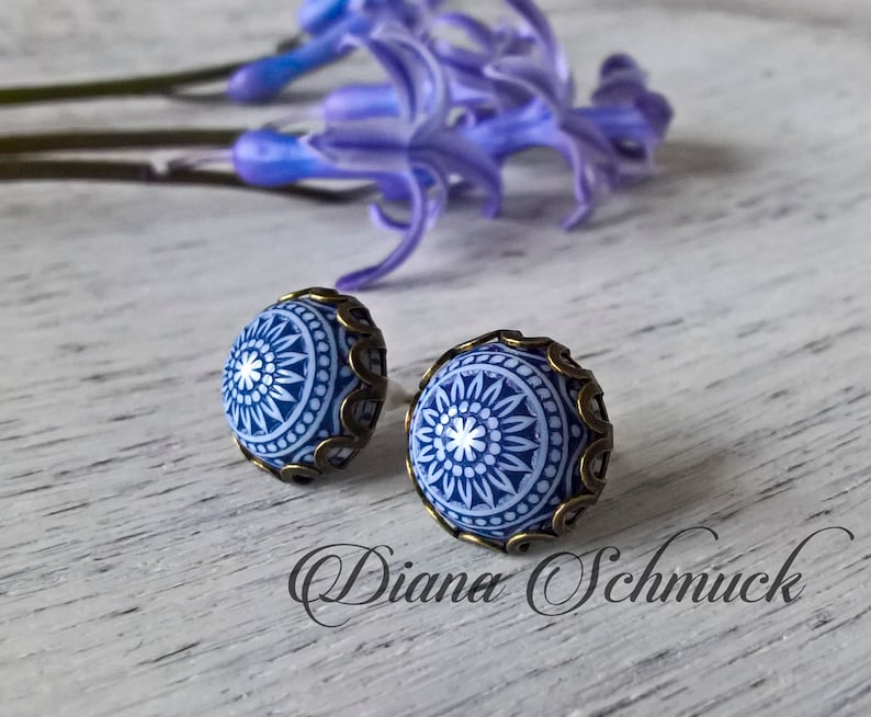 Navy blue Earrings, studs, Mosaic, earrings, gift, boho style image 2