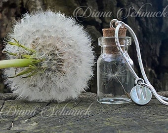 Collana Dandelion, collana dei desideri, vero dente di leone, iniziale personalizzata, semi di tarassaco, terrario, palla desiderio