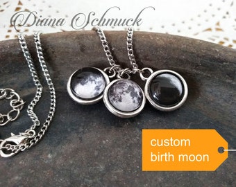 Collar de la luna de nacimiento, 2 caras, collar de fases de la luna personalizada, colgante de la fase de la luna, sistema solar, personalizado, collar de la luna, regalo de cumpleaños