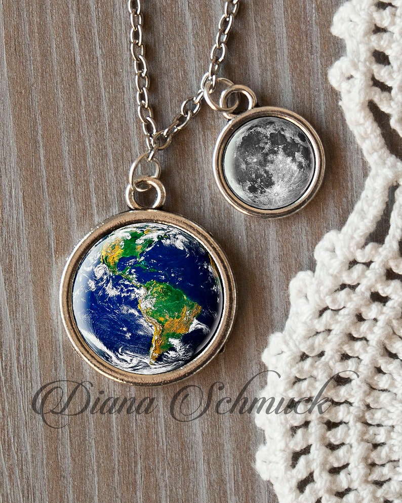 Earth and Moon necklace in silver, solar system necklace, earth necklace, moon necklace, space, galaxy, gift, for her image 1
