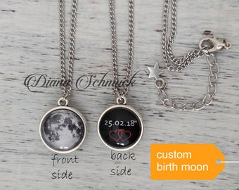 Collier lune de naissance, phases de lune personnalisée, 2 faces, collier, pendentif de phase de lune, système solaire, personnalisé, collier lune, cadeau d’anniversaire