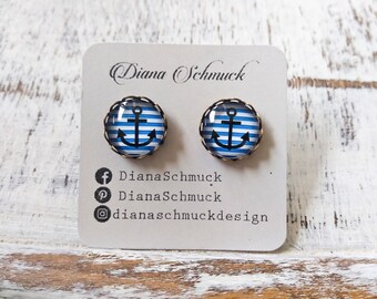 Anchor EARRINGS, blue stripes Earrings, summerstyle Jewelry, Gift For sailor, gift, summer gift, Gift For Her, cabochon, dianaschmuck