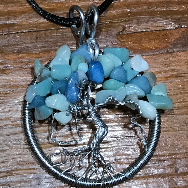 Arbre de vie pendentif, collier, argent, fil d’aluminium non ternir sur cadre en acier inoxydable, bleu verts pierres d’Amazonite