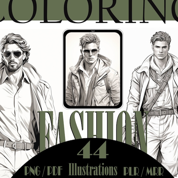 44 Coloring Illustrations of Male Models | Resellable digital product | Fashion Coloring Book Bundle | Canva Templates | PLR | Resell Rights