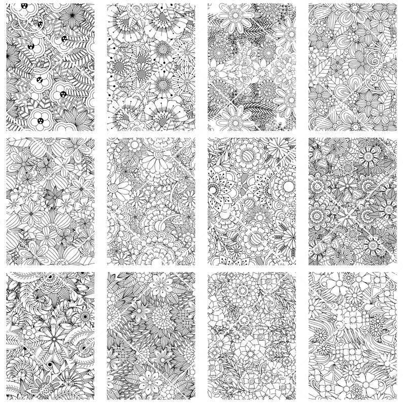60 PNG Coloring Pages of Flowers for Adults, Stress Relief, Printable ...