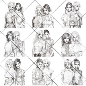 Pu&ograve; includere: Nove illustrazioni in bianco e nero di coppie di donne in varie pose. Ogni coppia indossa diversi stili di abbigliamento, tra cui abiti, camicie e pantaloni. Le illustrazioni sono disegnate in uno stile realistico.