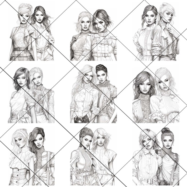 Pu&ograve; includere: Nove illustrazioni in bianco e nero di coppie di donne in varie pose. Ogni coppia indossa diversi stili di abbigliamento, tra cui abiti, camicie e pantaloni. Le illustrazioni sono disegnate in uno stile realistico.