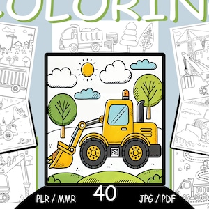 Könnte beinhalten: Eine Sammlung von 40 Ausmalbildern mit Baumaschinen und Stadtlandschaften. Das zentrale Bild zeigt einen gelben Bagger mit schwarzer Umrandung, vor dem Hintergrund eines sonnigen Himmels, Wolken und Bäumen. Der Text "COLORING" steht oben.